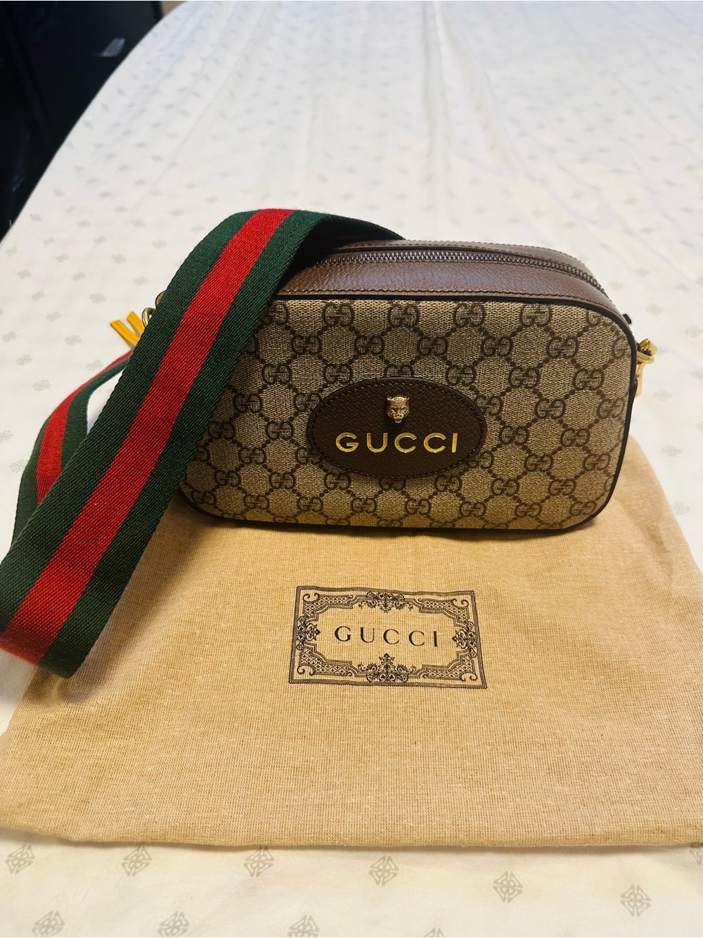 Neo Gucci Supreme crossbody Bag with Green and Red Web Strap and Gold Hardware